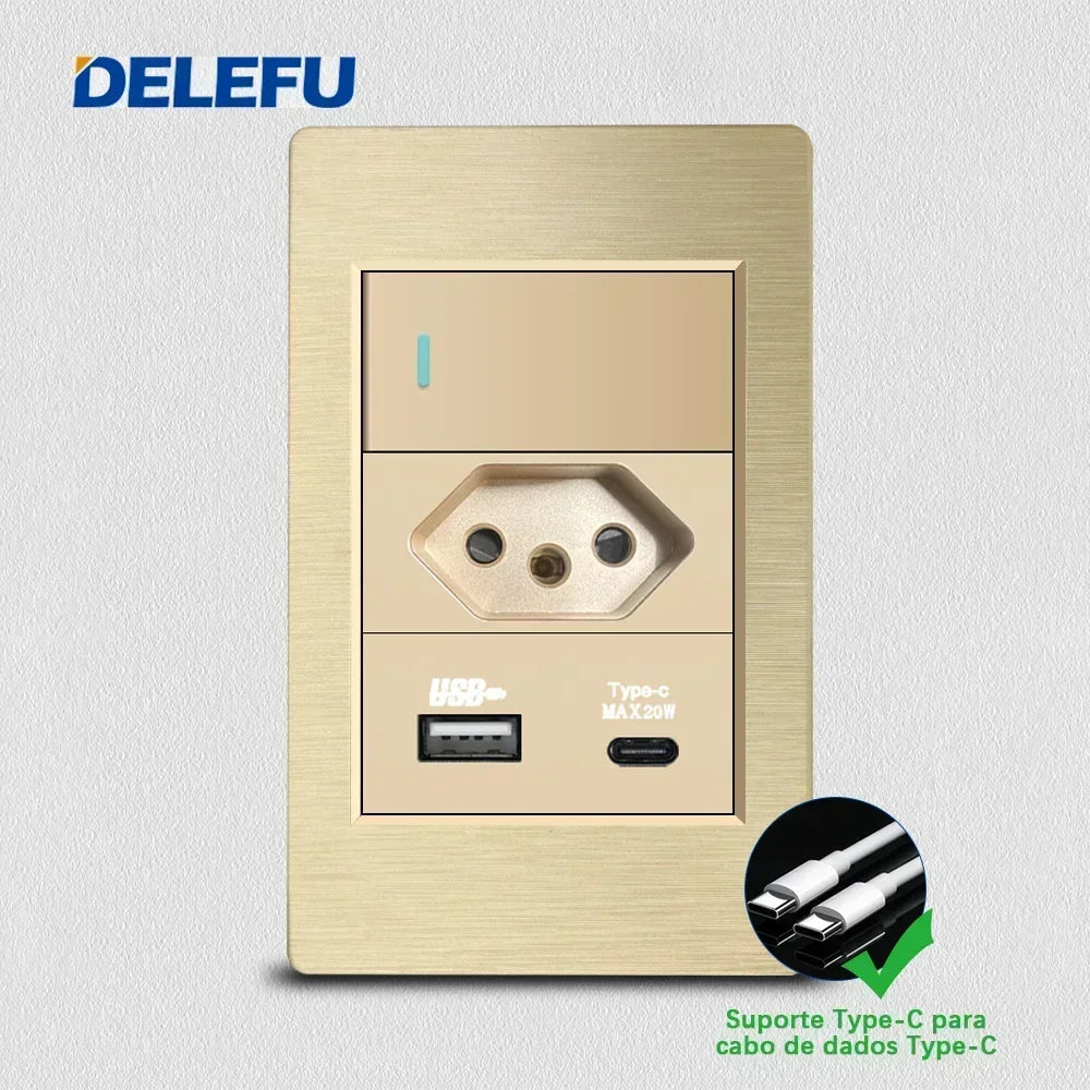 DELEFU Gold Fireproof PC Brushed Brazil Standard Socket Double USB Type C Wall Power Outlet Light On