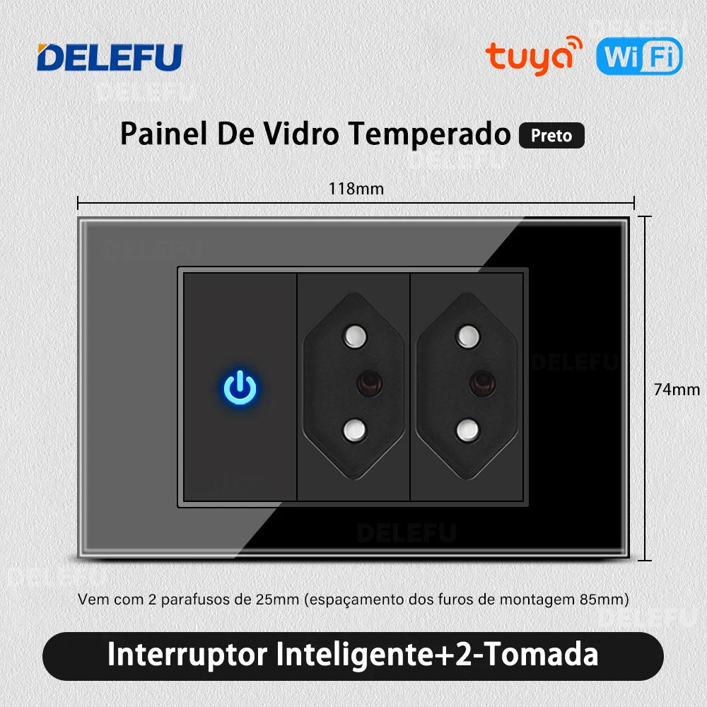 DELEFU 4*2 Black Tempered Glass Brazil Standard Outlet Dual Usb Type C Wall Socket Light Switch Switzerland 10A 20A