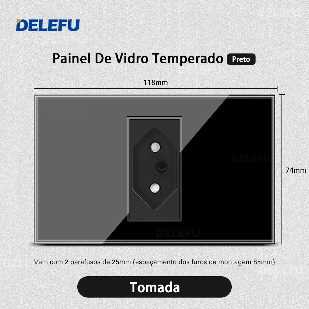 DELEFU 4*2 Black Tempered Glass Brazil Standard Outlet Dual Usb Type C Wall Socket Light Switch Switzerland 10A 20A