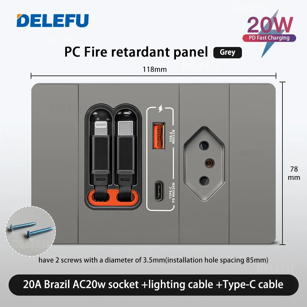 DELEFU Cable Dual Charging Brazil Chile Socket Outlet Wall USB TypeC 20W Smart Fast Ports Mobile Phone Gray Black White