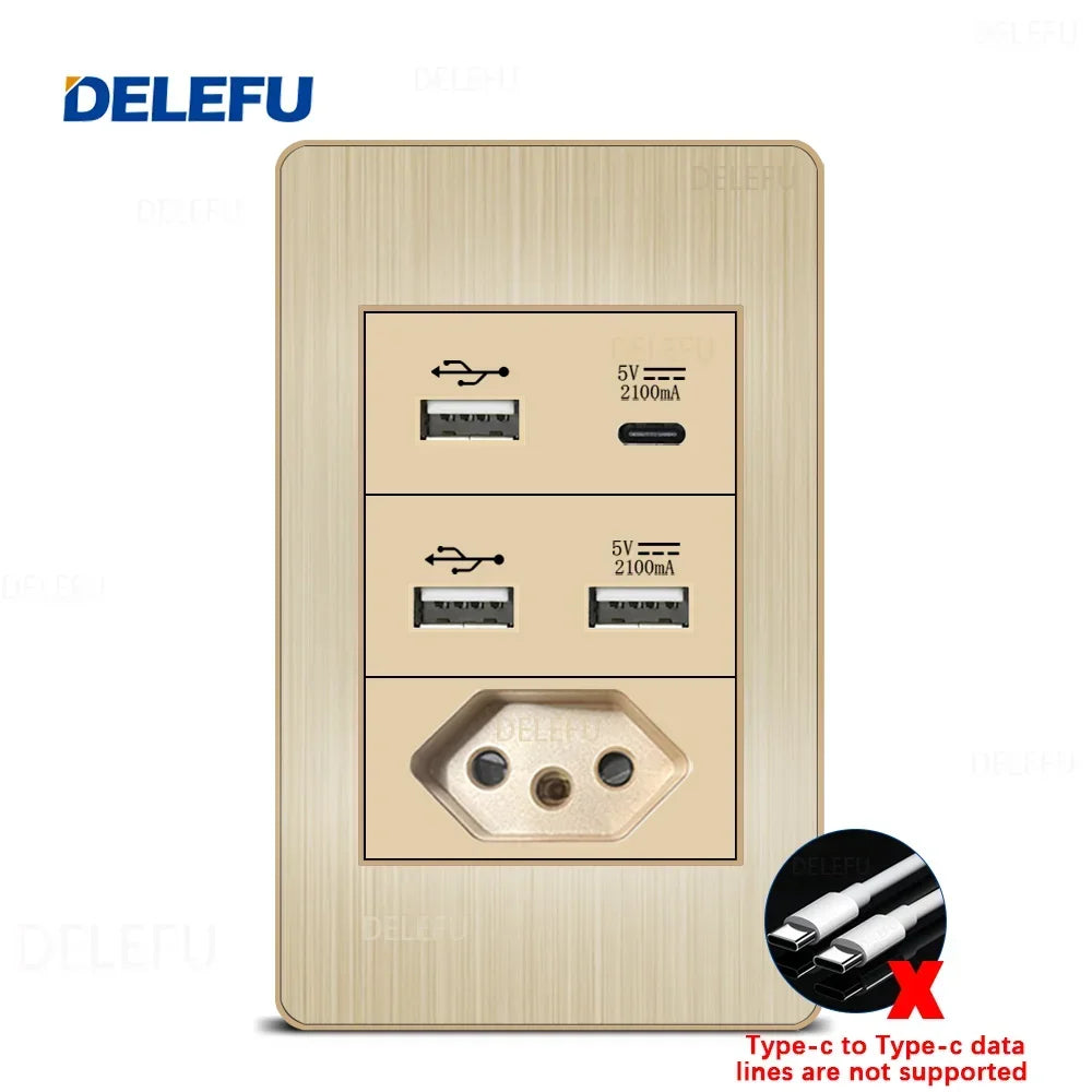 DELEFU Stainless Steel Gold Panel Series Brazil Standard Switch Socket Computer USB Type C Wall Power Socket