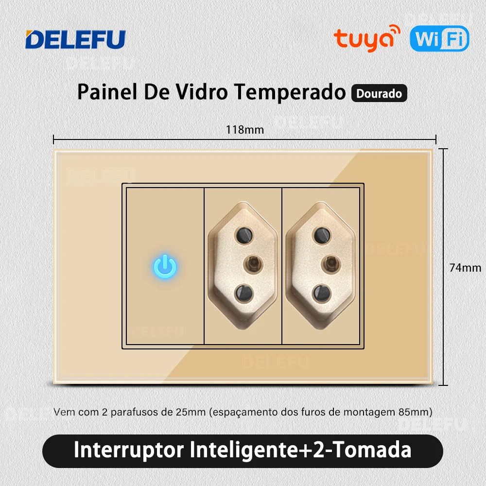 DELEFU 4*2 Gold Tempered Glass Brazil Standard Outlet Dual Usb Type C Wall Socket Light Switch Switzerland 10A 20A
