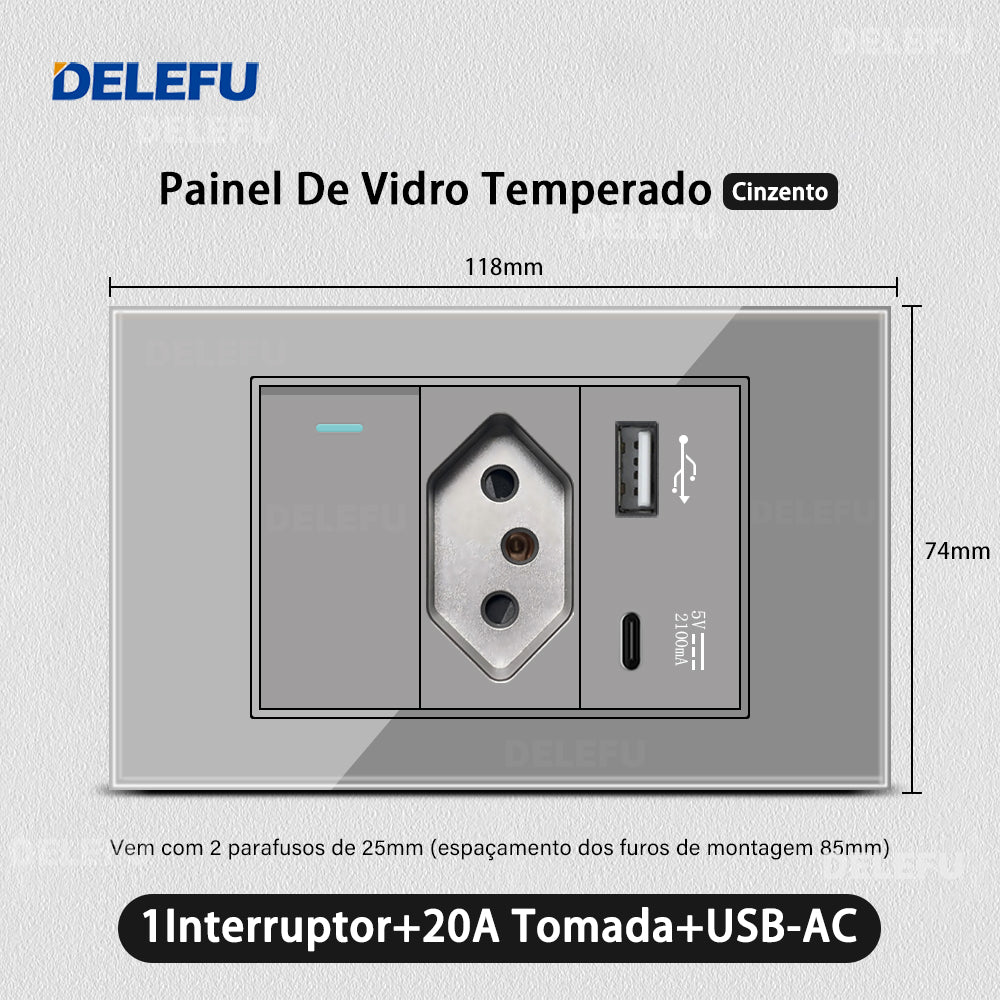 DELEFU 4*2 Vidro Temperado Cinza Brasil Soquete Padrão Duplo USB Tipo C Tomada de Parede Interruptor 10A 20A
