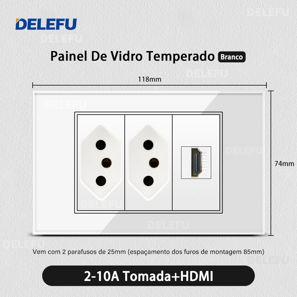 DELEFU 4*2 Branco Temperado Vidro Brasil Soquete Padrão Duplo Usb Tipo C Parede Soquete Interruptor 10A 20A