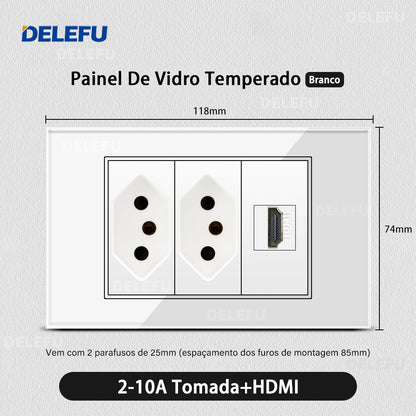 DELEFU 4*2 Branco Temperado Vidro Brasil Soquete Padrão Duplo Usb Tipo C Parede Soquete Interruptor 10A 20A