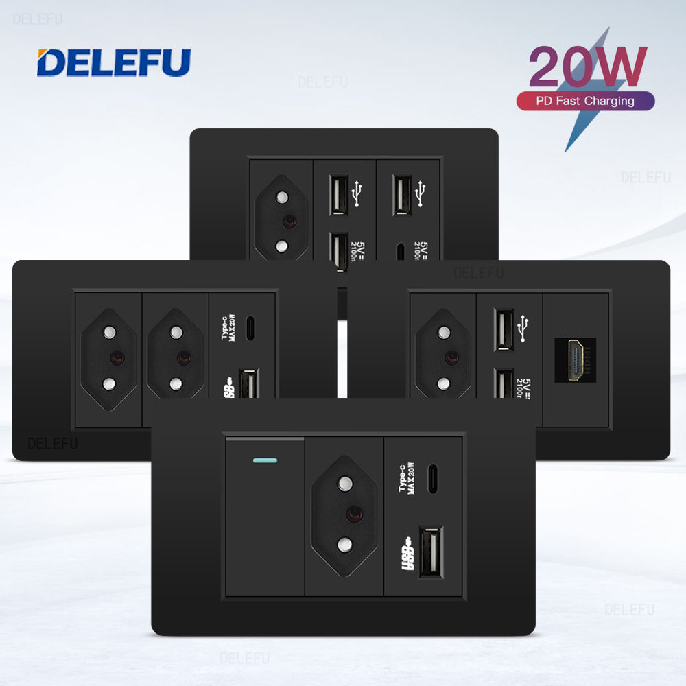 DELEFU À Prova De Fogo PC Brasil Soquete Padrão Duplo USB Tipo-c Interruptor 4 * 2 Preto 10A 20A