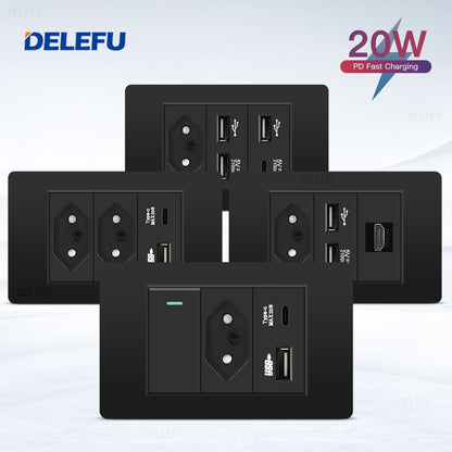DELEFU À Prova De Fogo PC Brasil Soquete Padrão Duplo USB Tipo-c Interruptor 4 * 2 Preto 10A 20A
