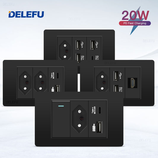 DELEFU À Prova De Fogo PC Brasil Soquete Padrão Duplo USB Tipo-c Interruptor 4 * 2 Preto 10A 20A