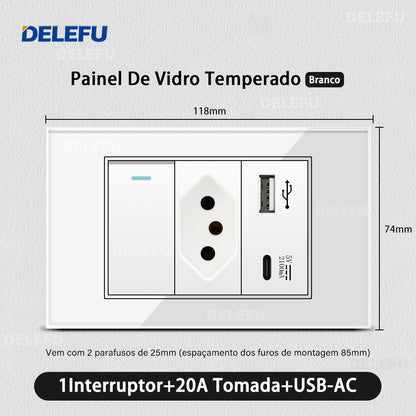 DELEFU 4*2 Branco Temperado Vidro Brasil Soquete Padrão Duplo Usb Tipo C Parede Soquete Interruptor 10A 20A