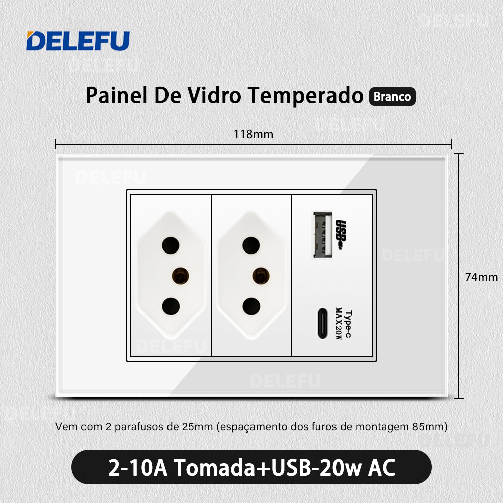 DELEFU 4*2 Branco Temperado Vidro Brasil Soquete Padrão Duplo Usb Tipo C Parede Soquete Interruptor 10A 20A