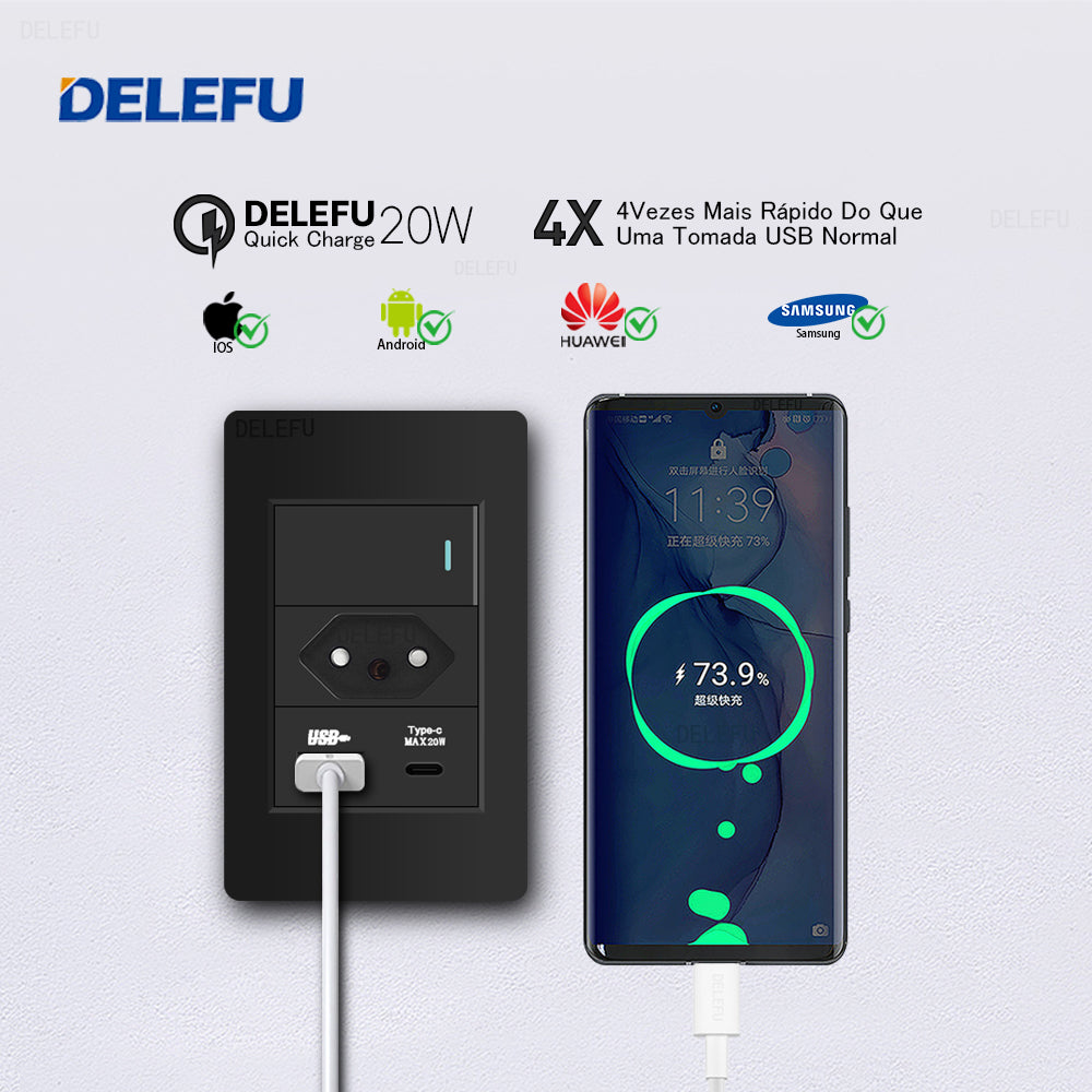 DELEFU À Prova De Fogo PC Brasil Soquete Padrão Duplo USB Tipo-c Interruptor 4 * 2 Preto 10A 20A