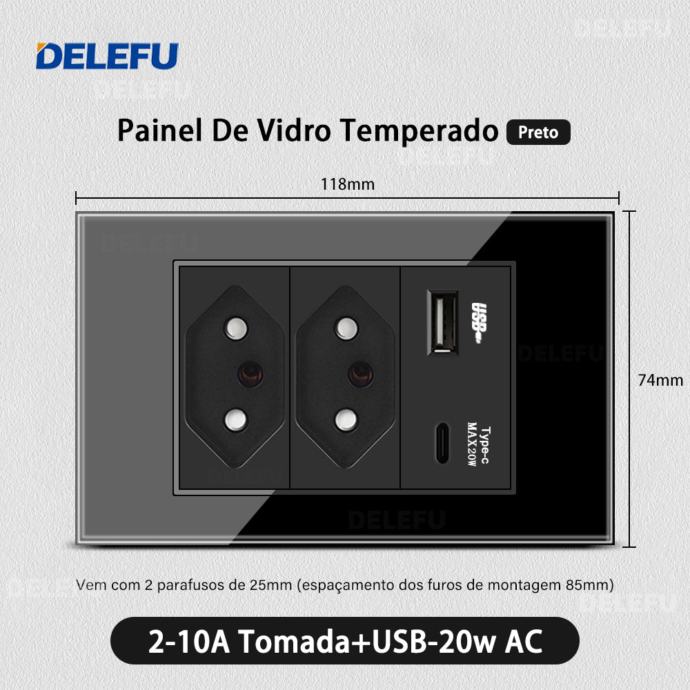 DELEFU 4*2 Preto Temperado Vidro Brasileiro Soquete Padrão Duplo Usb Tipo C Parede Soquete Interruptor 10A 20A