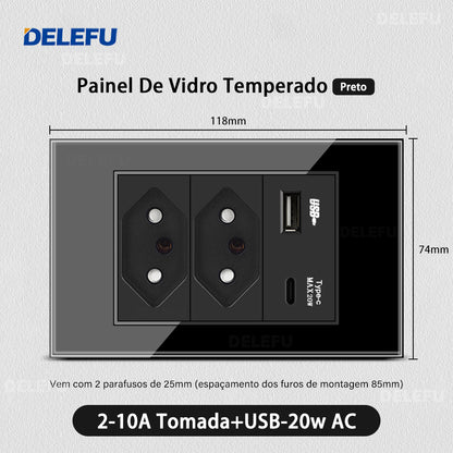 DELEFU 4*2 Preto Temperado Vidro Brasileiro Soquete Padrão Duplo Usb Tipo C Parede Soquete Interruptor 10A 20A