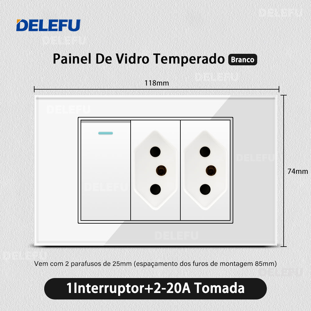 DELEFU 4*2 Branco Temperado Vidro Brasil Soquete Padrão Duplo Usb Tipo C Parede Soquete Interruptor 10A 20A