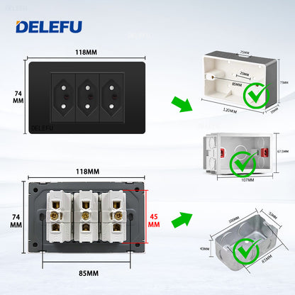 DELEFU À Prova De Fogo PC Brasil Soquete Padrão Duplo USB Tipo-c Interruptor 4 * 2 Preto 10A 20A
