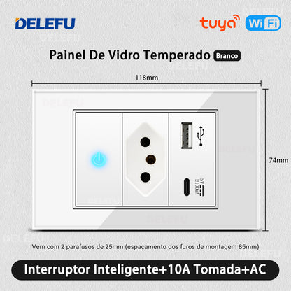 DELEFU 4*2 Branco Temperado Vidro Brasil Soquete Padrão Duplo Usb Tipo C Parede Soquete Interruptor 10A 20A