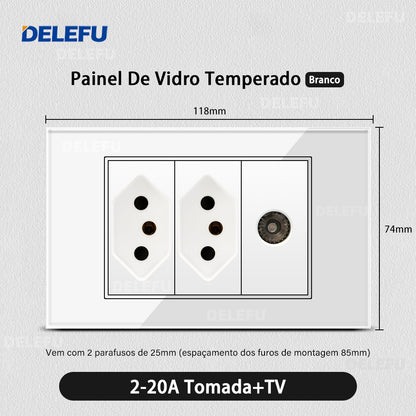 DELEFU 4*2 Branco Temperado Vidro Brasil Soquete Padrão Duplo Usb Tipo C Parede Soquete Interruptor 10A 20A