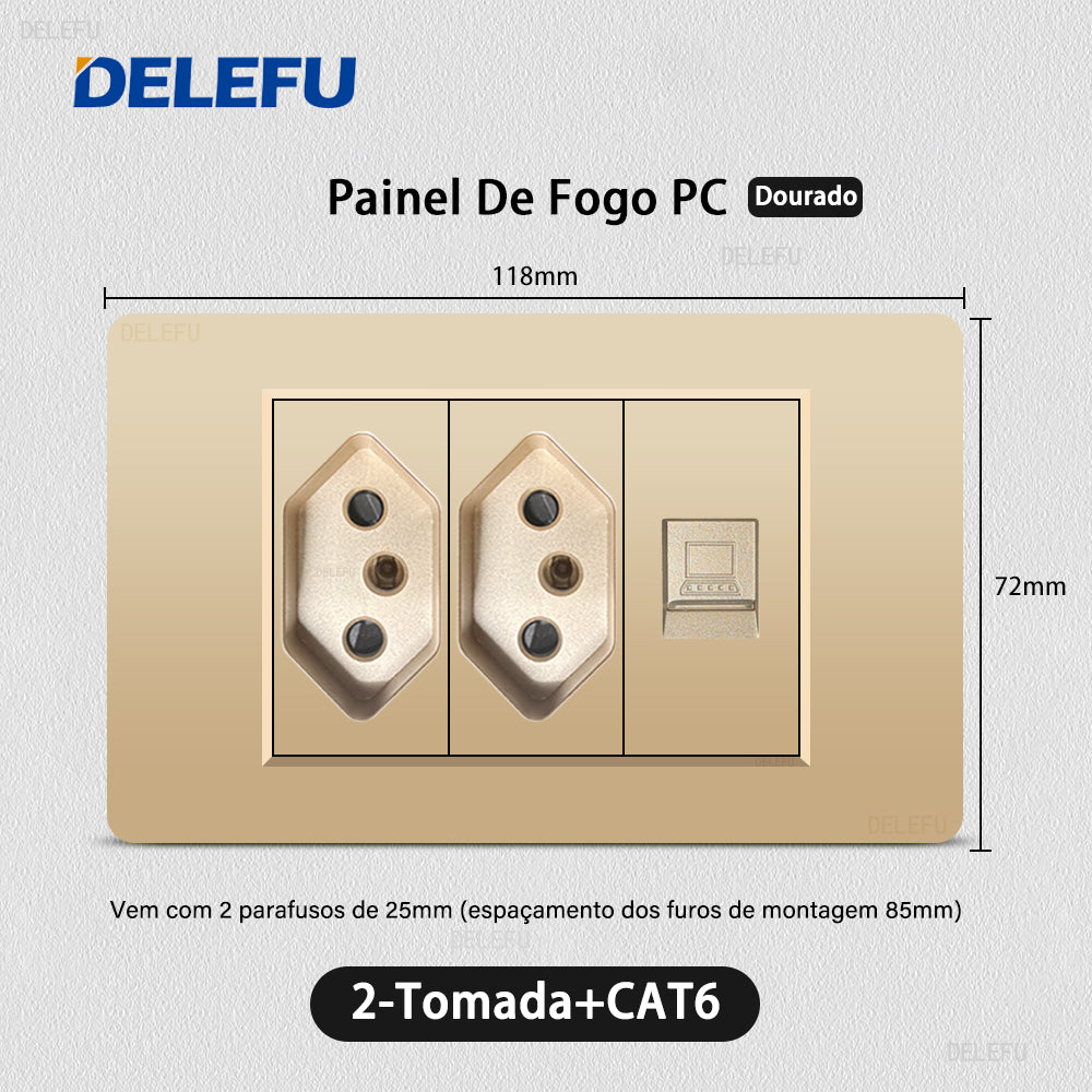 DELEFU À Prova De Fogo PC Brasil Soquete Padrão Duplo USB Tipo-c Interruptor 4 * 2 Ouro 10A 20A