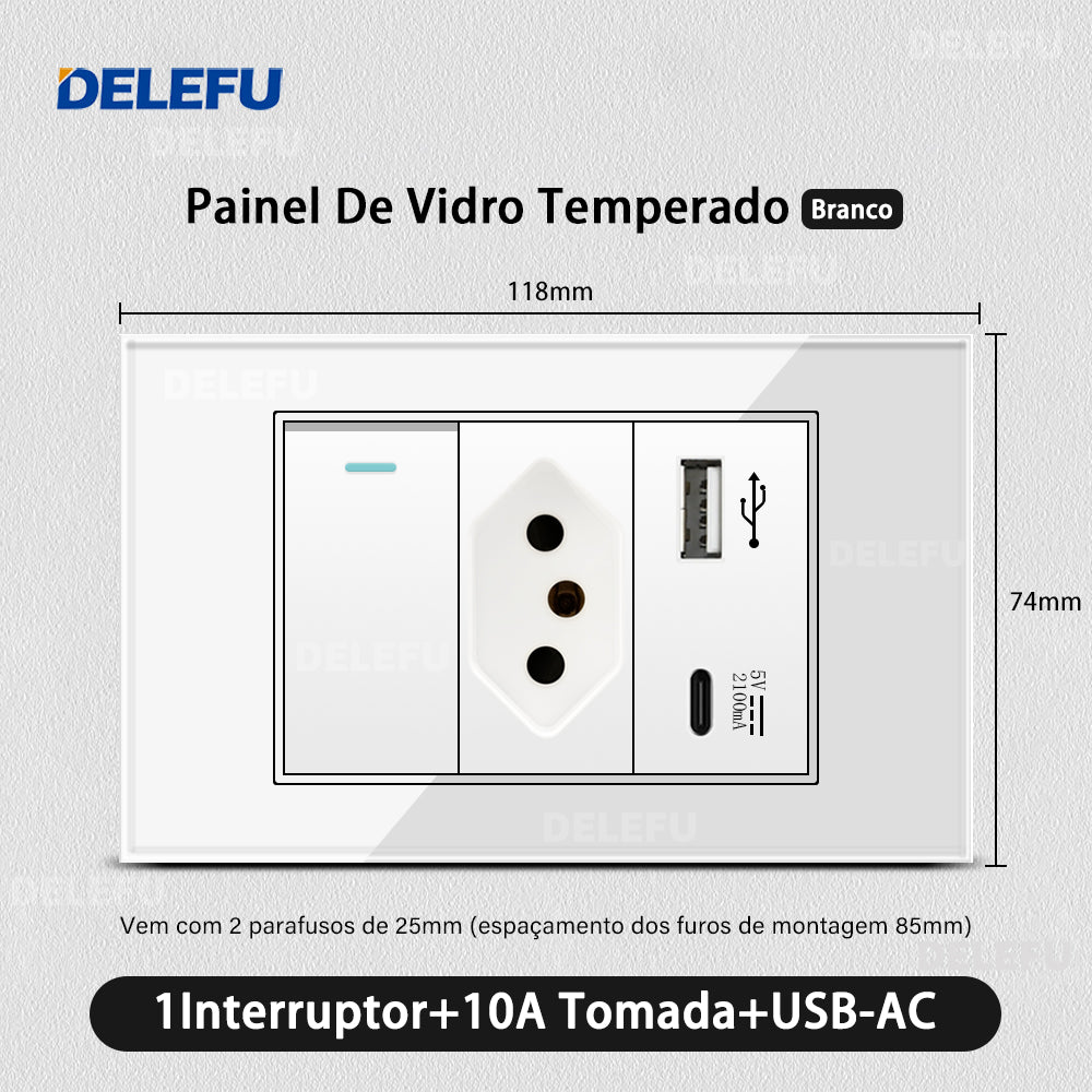 DELEFU 4*2 Branco Temperado Vidro Brasil Soquete Padrão Duplo Usb Tipo C Parede Soquete Interruptor 10A 20A