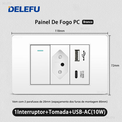 DELEFU À Prova De Fogo PC Brasil Soquete Padrão Duplo USB Tipo-c Interruptor 4 * 2 Branco 10A 20A