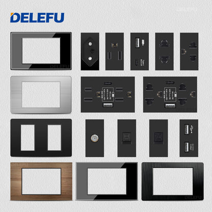 DELEFU Brasil 10A 20A Padrão Combinação Livre Preto 118mm * 72mm DIY Switch CAT6 Computador TV Telefone Satélite Tomada de Parede