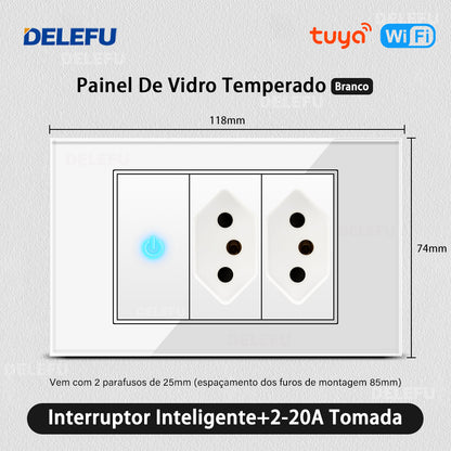 DELEFU 4*2 Branco Temperado Vidro Brasil Soquete Padrão Duplo Usb Tipo C Parede Soquete Interruptor 10A 20A