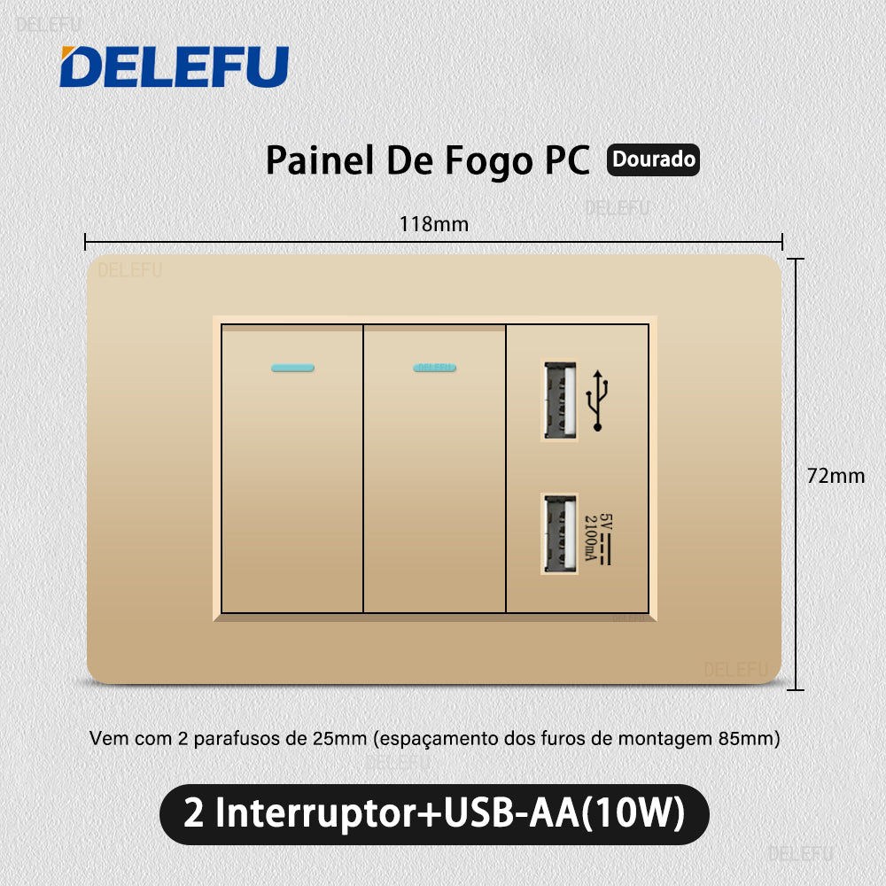 DELEFU À Prova De Fogo PC Brasil Soquete Padrão Duplo USB Tipo-c Interruptor 4 * 2 Ouro 10A 20A