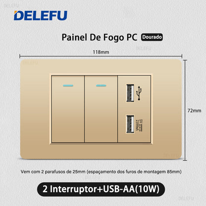 DELEFU À Prova De Fogo PC Brasil Soquete Padrão Duplo USB Tipo-c Interruptor 4 * 2 Ouro 10A 20A
