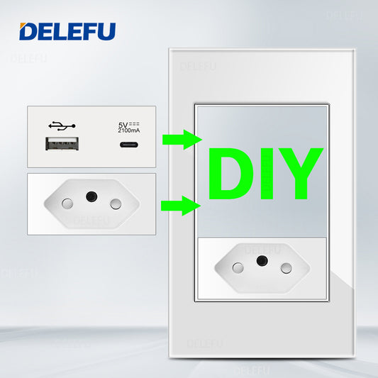 DELEFU Brasil 10A 20A Padrão Combinação Livre Branco 118mm * 72mm DIY Switch CAT6 Computador TV Telefone Satélite Tomada de Parede