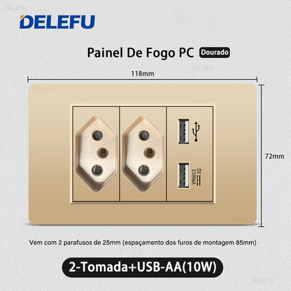 DELEFU À Prova De Fogo PC Brasil Soquete Padrão Duplo USB Tipo-c Interruptor 4 * 2 Ouro 10A 20A