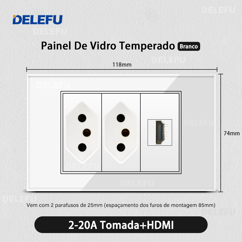 DELEFU 4*2 Branco Temperado Vidro Brasil Soquete Padrão Duplo Usb Tipo C Parede Soquete Interruptor 10A 20A