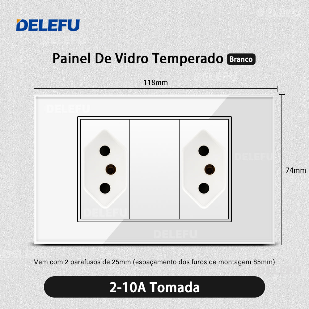 DELEFU 4*2 Branco Temperado Vidro Brasil Soquete Padrão Duplo Usb Tipo C Parede Soquete Interruptor 10A 20A
