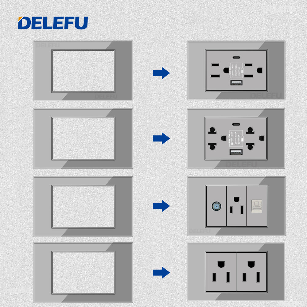 DELEFU Brasil 10A 20A Padrão Combinação Livre Cinza 118mm * 72mm DIY Switch CAT6 Computador TV Telefone Satélite Tomada de Parede
