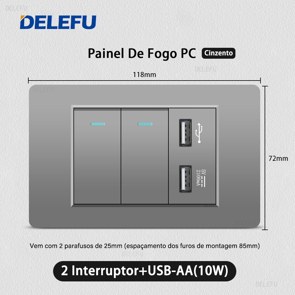 DELEFU À Prova De Fogo PC Brasil Soquete Padrão Duplo USB Tipo-c Interruptor 4 * 2 Cinza 10A 20A
