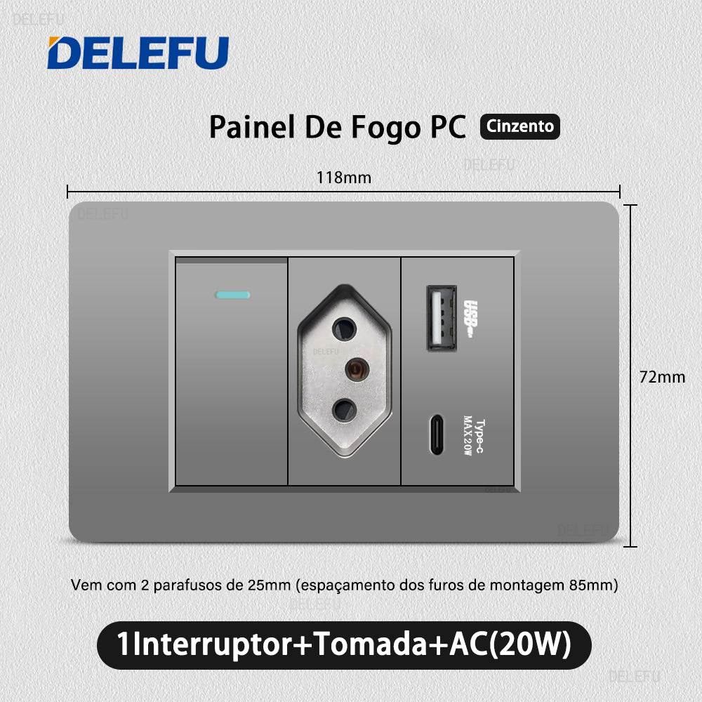DELEFU À Prova De Fogo PC Brasil Soquete Padrão Duplo USB Tipo-c Interruptor 4 * 2 Cinza 10A 20A