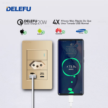 DELEFU À Prova De Fogo PC Brasil Soquete Padrão Duplo USB Tipo-c Interruptor 4 * 2 Ouro 10A 20A