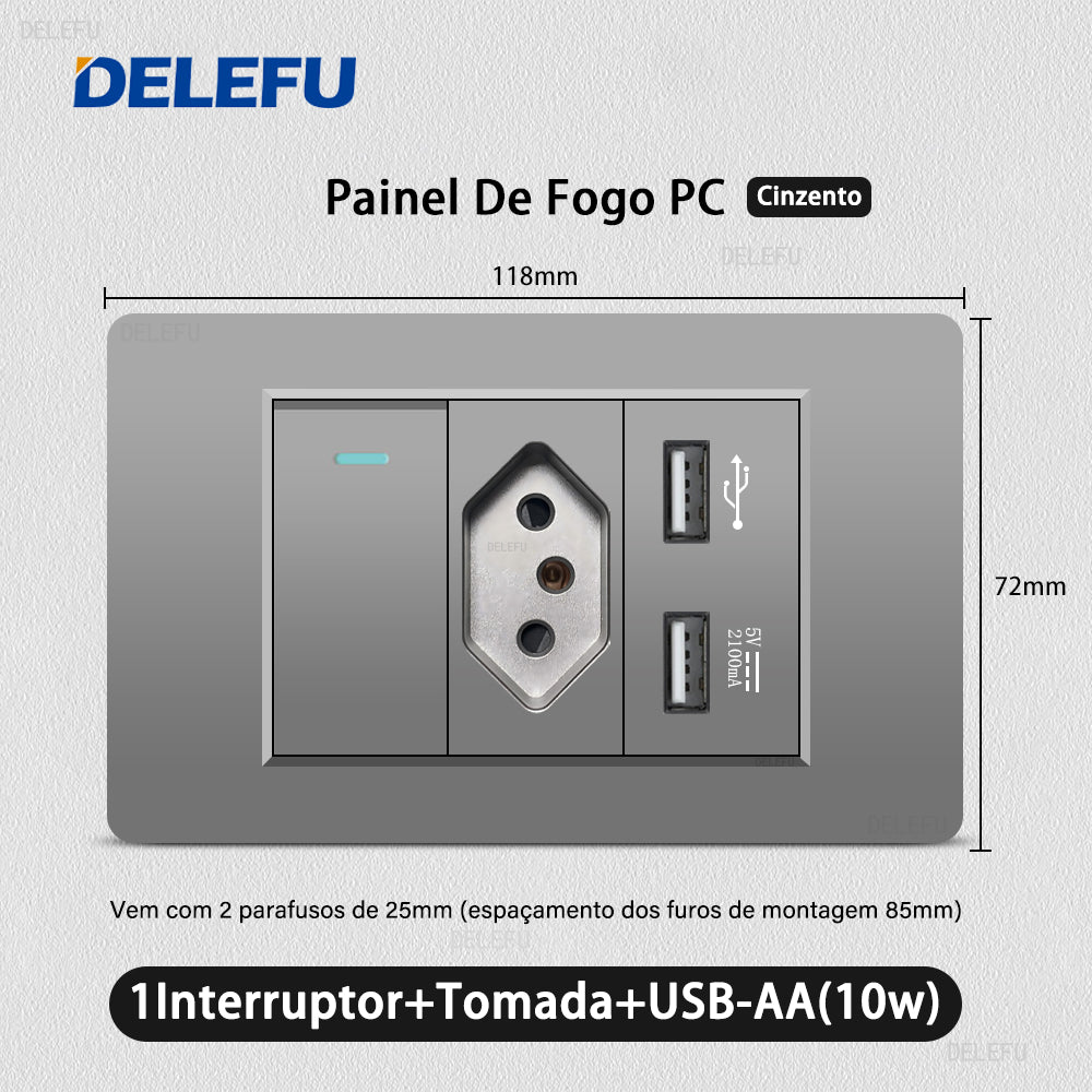 DELEFU À Prova De Fogo PC Brasil Soquete Padrão Duplo USB Tipo-c Interruptor 4 * 2 Cinza 10A 20A