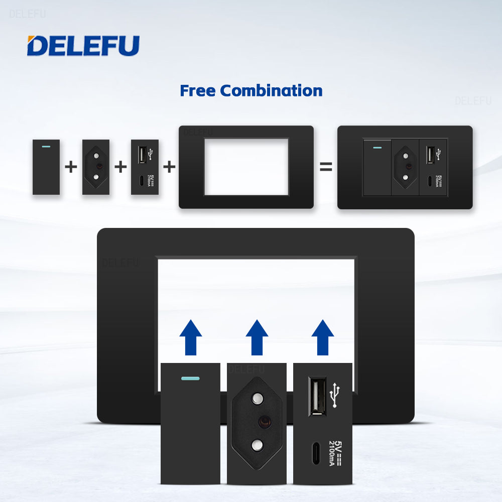 DELEFU À Prova De Fogo PC Brasil Soquete Padrão Duplo USB Tipo-c Interruptor 4 * 2 Preto 10A 20A