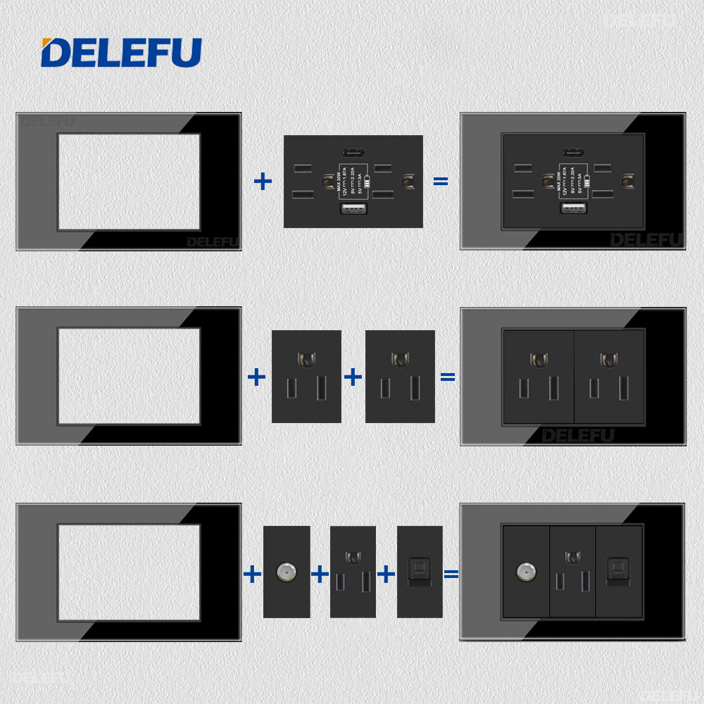 DELEFU Brasil 10A 20A Padrão Combinação Livre Preto 118mm * 72mm DIY Switch CAT6 Computador TV Telefone Satélite Tomada de Parede