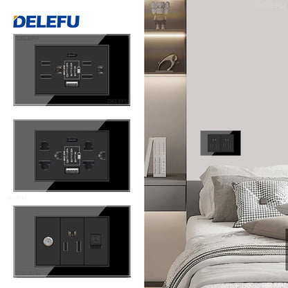 DELEFU Brasil 10A 20A Padrão Combinação Livre Preto 118mm * 72mm DIY Switch CAT6 Computador TV Telefone Satélite Tomada de Parede