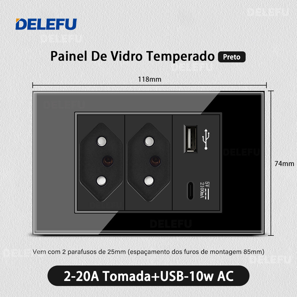 DELEFU 4*2 Preto Temperado Vidro Brasileiro Soquete Padrão Duplo Usb Tipo C Parede Soquete Interruptor 10A 20A