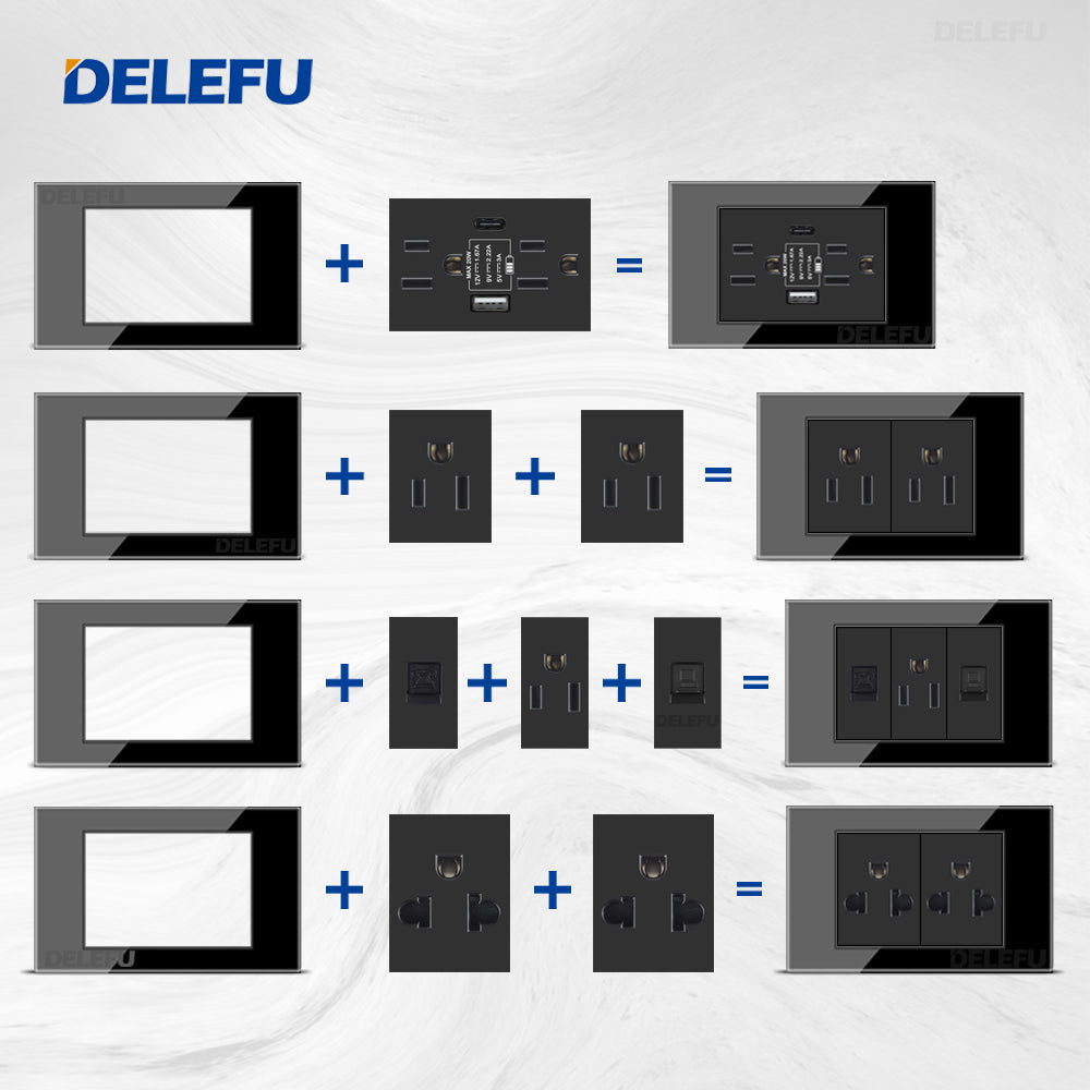 DELEFU Brasil 10A 20A Padrão Combinação Livre Preto 118mm * 72mm DIY Switch CAT6 Computador TV Telefone Satélite Tomada de Parede