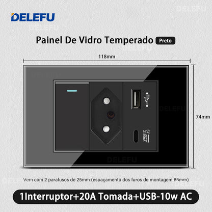 DELEFU 4*2 Preto Temperado Vidro Brasileiro Soquete Padrão Duplo Usb Tipo C Parede Soquete Interruptor 10A 20A