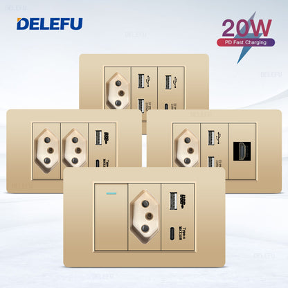 DELEFU À Prova De Fogo PC Brasil Soquete Padrão Duplo USB Tipo-c Interruptor 4 * 2 Ouro 10A 20A