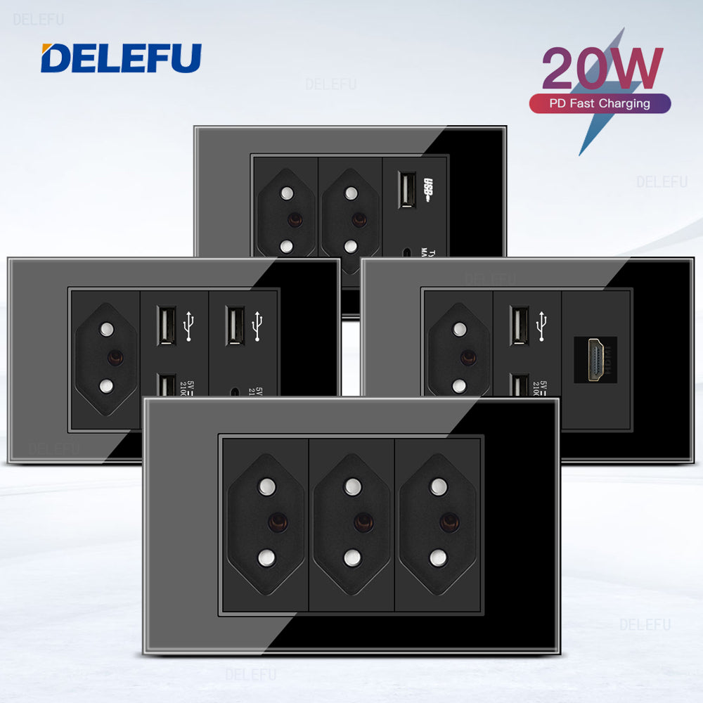DELEFU 4*2 Preto Temperado Vidro Brasileiro Soquete Padrão Duplo Usb Tipo C Parede Soquete Interruptor 10A 20A