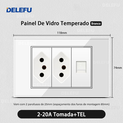 DELEFU 4*2 Branco Temperado Vidro Brasil Soquete Padrão Duplo Usb Tipo C Parede Soquete Interruptor 10A 20A