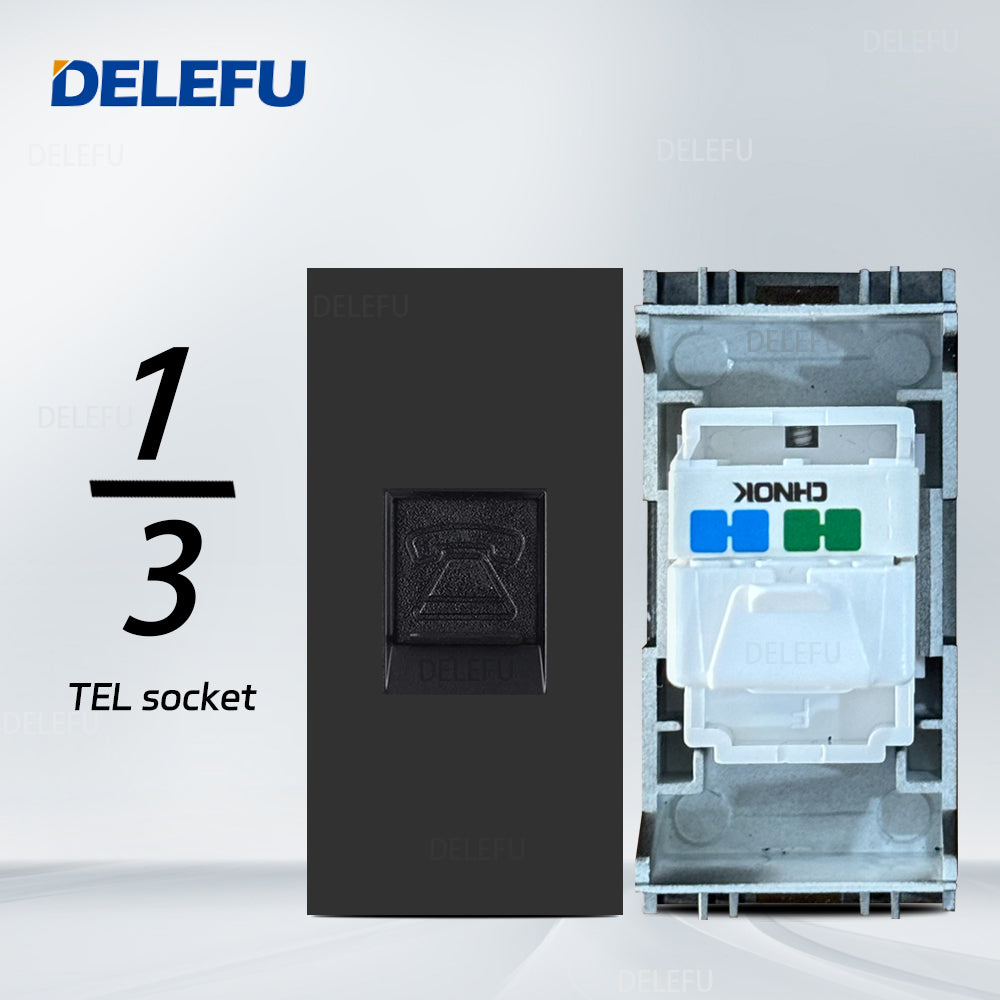 DELEFU Brasil 10A 20A Padrão Combinação Livre Preto 118mm * 72mm DIY Switch CAT6 Computador TV Telefone Satélite Tomada de Parede