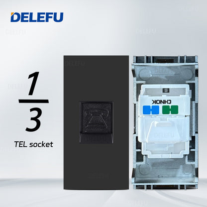 DELEFU Brasil 10A 20A Padrão Combinação Livre Preto 118mm * 72mm DIY Switch CAT6 Computador TV Telefone Satélite Tomada de Parede