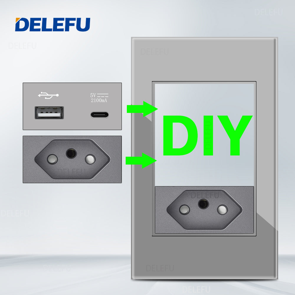 DELEFU Brasil 10A 20A Padrão Combinação Livre Cinza 118mm * 72mm DIY Switch CAT6 Computador TV Telefone Satélite Tomada de Parede