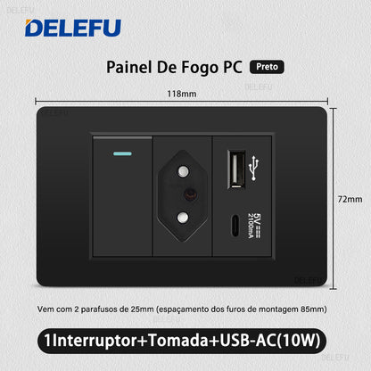 DELEFU À Prova De Fogo PC Brasil Soquete Padrão Duplo USB Tipo-c Interruptor 4 * 2 Preto 10A 20A